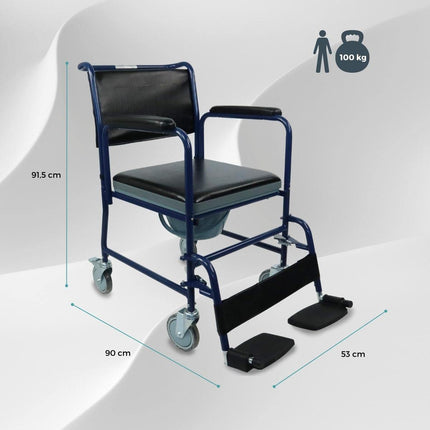 Mobiclinic, tualetes krēsls ar riteņiem, Barco, Eiropas zīmols, tualetes poda sēdeklis vecāka gadagājuma cilvēkiem un cilvēkiem ar invaliditāti, tualetes poda sēdeklis, salokāmi roku balsti, noņemami kāju balsti, vāks, stāvbremze, zils