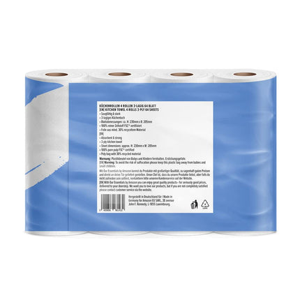Amazon virtuves papīrs, 3 slāņu, 4 ruļļi (4 ruļļi, 1 iepakojums), 64 loksnes rullī, FSC sertificēts