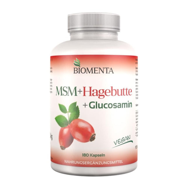 BIOMENTA MSM + Mežrozītes + Glikozamīns – 180 alergēnu nesaturošas kapsulas ar lielu devu – 1200 mg organiskā sēra pulvera + 794 mg glikozamīna sulfāta + 300 mg mežrozīšu ekstrakta dienā – vegāns – augstākās kvalitātes