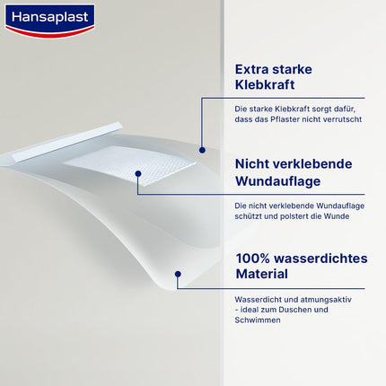 Hansaplast Aqua Protect plāksteri (20 strēmelītes), ūdensizturīgi brūču plāksteri ar īpaši spēcīgu līmi, pašlīmējošs plāksteris, kas ideāli piemērots dušošanai, peldēšanai un vannošanai.