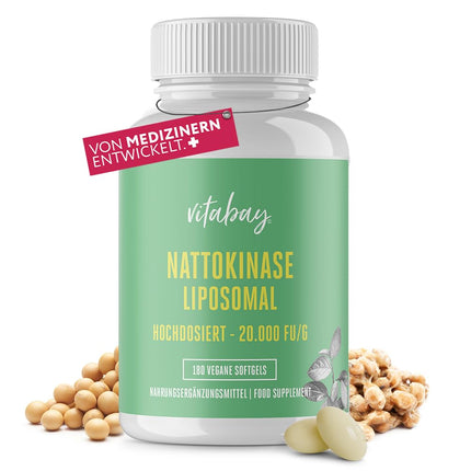 Vitabay Nattokināzes kapsulas ar augstu devu 20 000 FU - liposomālas un vegānas - 180 Nattokināzes kapsulas - enzīms Natto fermentētās sojas pupiņās - Nattokināzes tabletes ar augstu devu Natokināze L