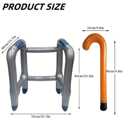 Piepūšams rollators, piepūšams nūja, piepūšams nūja, piepūšams iešanas palīglīdzeklis — ideāls komplekts jūsu kostīmam kā vecmāmiņai vai vectētiņam karnevālā vai kā joks dzimšanas dienā.