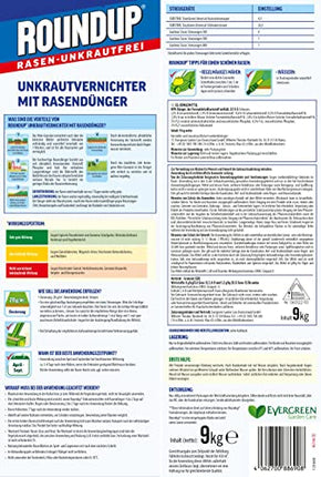 Roundup zāliena mēslojums bez nezālēm, 9 kg, 2-in-1, nezāļu iznīcinātājs plus mēslojums ar 100 dienu ilgstošu iedarbību 450 m² platībai