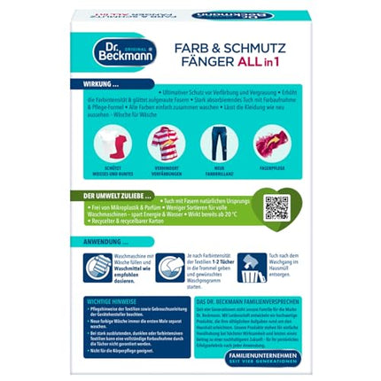 Dr. Beckmann krāsas un netīrumu uztvērējs, bez smaržas, 3 vienā | Krāsu uztvērēja drāniņas maksimālai aizsardzībai pret krāsas izmaiņām | ar PAPILDU KRĀSU UN ŠĶIEDRU KOPŠANU | 40 salvetes