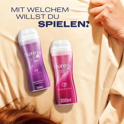 Durex 2-in-1 masāžas gels – uz ūdens bāzes veidots lubrikants jutekliskām mīlestības masāžām – 2 x 200 ml dozatorā (alveja un guarana)