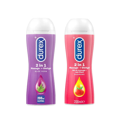 Durex Play 2-in-1 masāžas un lubrikants ar guarānu + Durex Play 2-in-1 masāžas un lubrikants ar alveju – lubrikants uz ūdens bāzes intīmām pieredzēm diviem – 2 x 200 ml dozatori