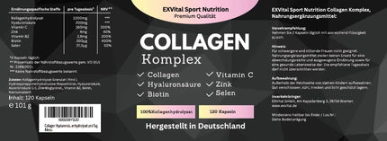 Kolagēna hialuronskābes komplekss, 120 kolagēna kapsulas no ar zāli barotas liellopu gaļas, bagātināts ar biotīnu, C vitamīnu, B2 vitamīnu, cinku un selēnu, 1000 mg kolagēna hidrolizāta dienā