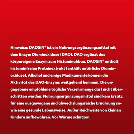DAOSiN tabletes organisma DAO enzīma papildināšanai histamīna sadalīšanai no pārtikas, klīniski pārbaudītas, vairāk nekā 90% ieteicamā deva - 120 tabletes