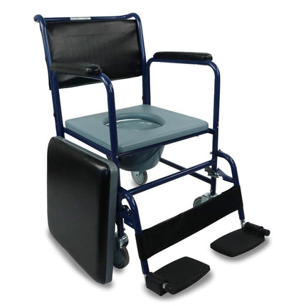 Mobiclinic, tualetes krēsls ar riteņiem, Barco, Eiropas zīmols, tualetes poda sēdeklis vecāka gadagājuma cilvēkiem un cilvēkiem ar invaliditāti, tualetes poda sēdeklis, salokāmi roku balsti, noņemami kāju balsti, vāks, stāvbremze, zils