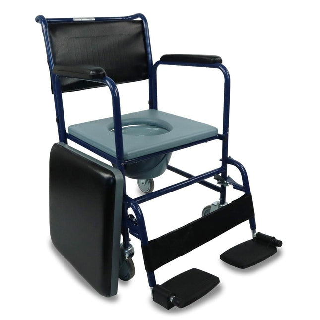 Mobiclinic, tualetes krēsls ar riteņiem, Barco, Eiropas zīmols, tualetes poda sēdeklis vecāka gadagājuma cilvēkiem un cilvēkiem ar invaliditāti, tualetes poda sēdeklis, salokāmi roku balsti, noņemami kāju balsti, vāks, stāvbremze, zils