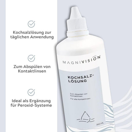 MAGNIVISION sāls šķīdums, 100 ml (ceļojuma izmērs). Sāls šķīdums kontaktlēcām, mīksto un cieto kontaktlēcu skalošanai, bez borāta, ražots Eiropā.