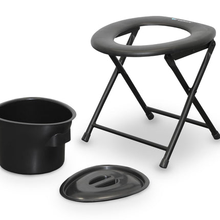 WELLCORE tualetes krēsls ar tualeti, salokāms, pārnēsājams, kompakts, alumīnija rāmis, noņemams tualetes pods, viegli tīrāms, melns, līdz 100 kg, līdz 100 kg