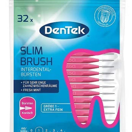 DenTek Slim birste - 1. izmērs - īpaši smalka - ļoti šaurām starpzobu spraugām - piparmētru garša ar higiēnisku aizsargvāciņu, 32 gab. rozā