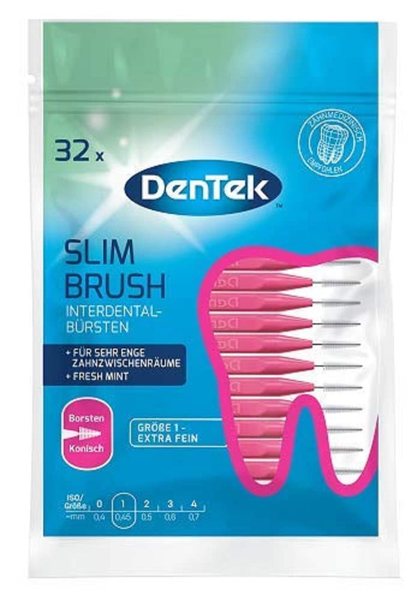 DenTek Slim birste - 1. izmērs - īpaši smalka - ļoti šaurām starpzobu spraugām - piparmētru garša ar higiēnisku aizsargvāciņu, 32 gab. rozā