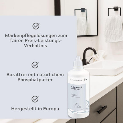 MAGNIVISION sāls šķīdums, 100 ml (ceļojuma izmērs). Sāls šķīdums kontaktlēcām, mīksto un cieto kontaktlēcu skalošanai, bez borāta, ražots Eiropā.