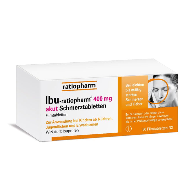 IBU-ratiopharm 400 mg tabletes akūtu sāpju mazināšanai: pierādīta sāpju un drudža mazināšanai. Aktīvā viela: ibuprofēns, 50 apvalkotās tabletes