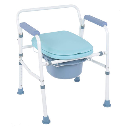 Tualetes krēsls Salokāms tualetes pods Ergonomisks sēdeklis ar roku balstiem Dušas krēsls ar spaini Naktsskapītis Tualetes krēsls ar tualetes poda roku un neslīdošu kāju pamatni, ideāli piemērots vecāka gadagājuma cilvēkiem ar invaliditāti