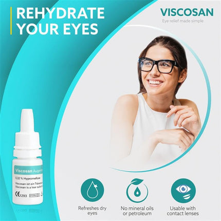 Viscosan acu pilieni ar hipromelozi - sausām, pietūkušām, nogurušām un dedzinošām acīm - ātra un ilgstoša atvieglojuma sajūta (1x10ml)