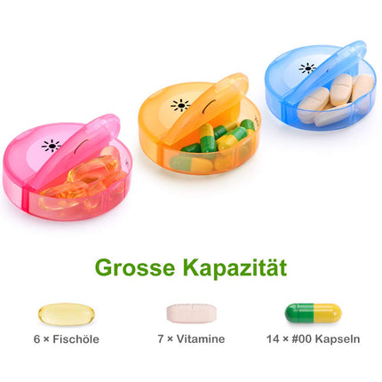 SUKUOS tablešu kastīte 7 dienām no rīta vakarā, apaļa tablešu kastīte, 2 nodalījumi, ērts un mitrumizturīgs zāļu kastītes medikamentu dozators
