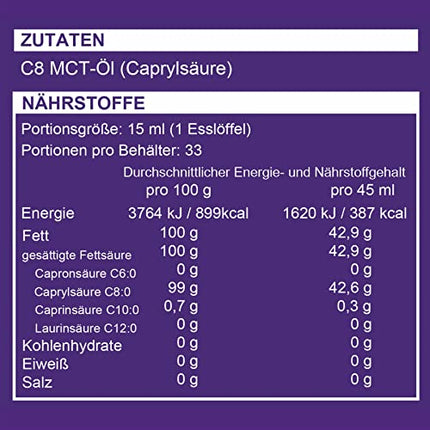 Tīra MCT eļļa C8 | stikla pudele | Ražo 4 reizes vairāk ketonu salīdzinājumā ar citām MCT eļļām | Augstākā tīrība &gt; 99% | 100% kokosrieksts | Atbalsta keto diētu, keto kafiju un gavēni | 500 ml | Ketosource®
