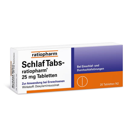 SchlafTabs-ratiopharm 25 mg tabletes: bezrecepšu līdzeklis miega traucējumu mazināšanai ar aktīvo vielu doksilamīna sukcinātu. Veicina aizmigšanu un miegu visas nakts garumā, 20 tabletes