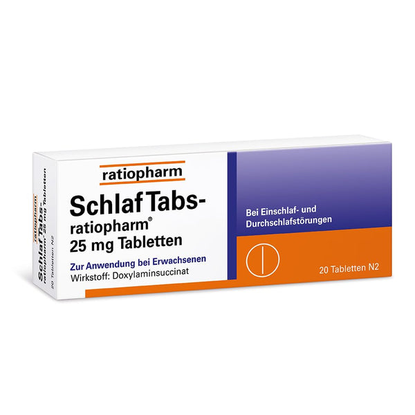 SchlafTabs-ratiopharm 25 mg tabletes: bezrecepšu līdzeklis miega traucējumu mazināšanai ar aktīvo vielu doksilamīna sukcinātu. Veicina aizmigšanu un miegu visas nakts garumā, 20 tabletes