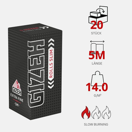 GIZEH BLACK Rolls Slim - ruļļpapīri atsevišķos garumos - 5 metri King Size Slim papīra - 20 augstākās kvalitātes ruļļpapīru iepakojums (14 g/m²)