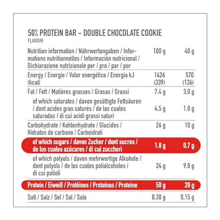 Premier Protein - augsta proteīna batoniņš 50% - dubultās šokolādes cepums - 16x40g - ar zemu cukura saturu - ar zemu ogļhidrātu saturu - bez palmu eļļas