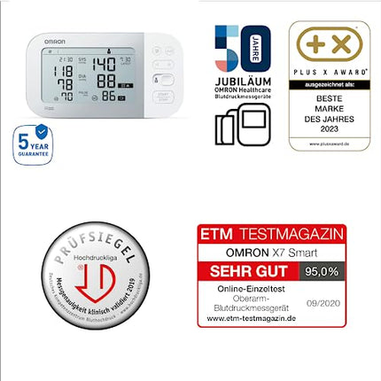OMRON X7 Smart — automātisks augšdelma asinsspiediena mērītājs | Testa uzvarētājs Stiftung Warentest 23.11. | AFib noteikšana | klīniski apstiprināts - arī diabēta slimniekiem | ar bezmaksas viedtālruņa lietotni | 22–42 cm