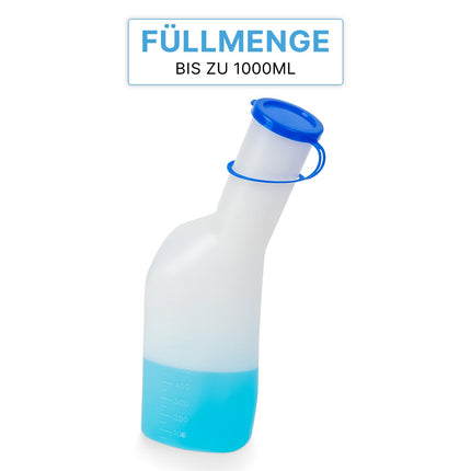 Pisuāra pudeles vīriešiem 1000 ml, ARNOMED piena urīna pudele ar zilu vāciņu, PP urinēšanas pudele vīriešiem kvadrātveida, hermētiska pisuāra pudele vīriešiem, avārijas pisuāra pudele lietošanai ceļā