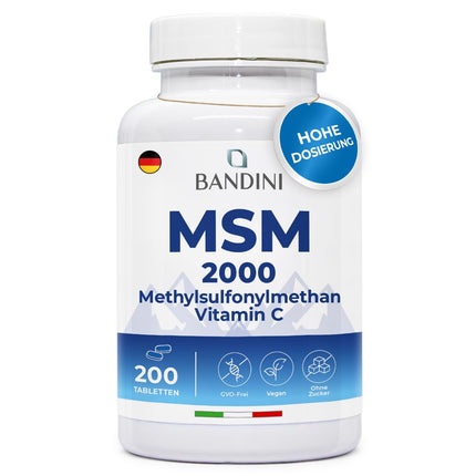 Bandini® MSM - 2000 mg ar 40 mg C vitamīna vienā dienas devā - Kompaktāks metilsulfonilmetāna pulveris nekā kapsulās - Bez magnija stearāta, augsta deva, vegāns, bez piedevām, laboratorijā pārbaudīts - 200 tabletes