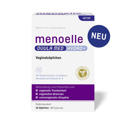 menoelle® OVULA med Hydro+ maksts sausuma, dedzināšanas, niezes, saspringuma un kairinātas vai iekaisušas maksts gļotādas ārstēšanai – bez hormoniem un reģenerējoša. 10 svecītes.