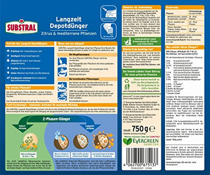 Substral ilgtermiņa depo mēslojums citrusaugļiem un Vidusjūras augiem, piem. bugenvilejas, oleandri, vīģes u.c., 750 g, zaļas