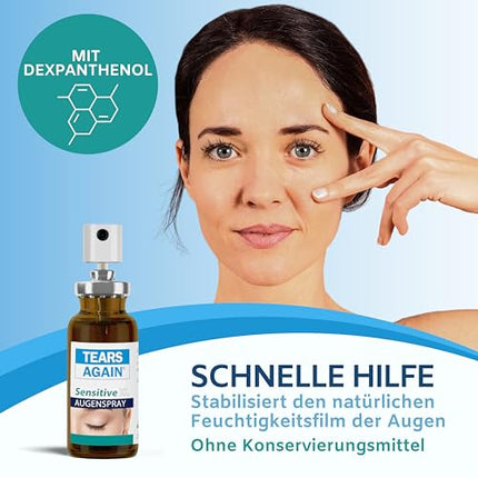 TEARS AGAIN Sensitive XL 20 ml acu aerosols sausām acīm - piemērots kontaktlēcām, palīdz pret dedzinošu un asarojošu acu sajūtu, bez konservantiem