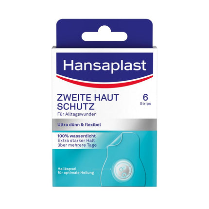 Hansaplast Plaster Second Skin Protection Regular (6 strēmeles), plāns un elastīgs hidrokoloīdais plāksteris ar dziedinošo kapsulu tehnoloģiju, ūdensizturīgs brūču plāksteris ar īpaši spēcīgu fiksāciju vismaz 72 stundas