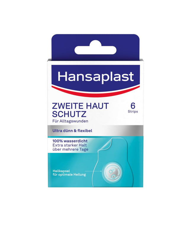 Hansaplast Plaster Second Skin Protection Regular (6 strēmeles), plāns un elastīgs hidrokoloīdais plāksteris ar dziedinošo kapsulu tehnoloģiju, ūdensizturīgs brūču plāksteris ar īpaši spēcīgu fiksāciju vismaz 72 stundas
