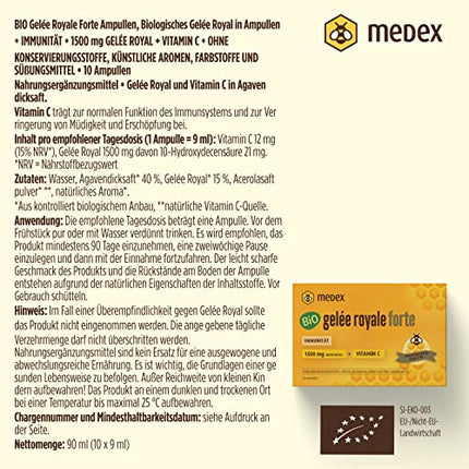 Medex Organic Royal Jelly FORTE, īpaši stiprs ar 1500 mg peru pieniņa, šķidrums ampulās, viegli atverams, ar dabīgu C vitamīnu, no bioloģiskās lauksaimniecības, 10 x 9 ml