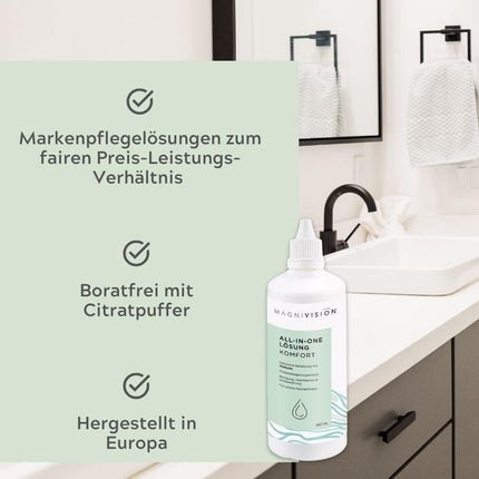 MAGNIVISION All-in-One Solution Comfort, 100 ml (ceļojuma izmērs) mīkstajām kontaktlēcām, mīksto kontaktlēcu tīrīšanai un uzglabāšanai, bez borāta, ražots Eiropā