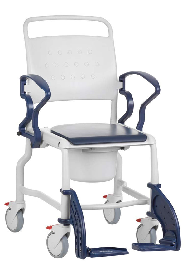 FabaCare Bonn tualetes ratiņkrēsls, ražots Vācijā, augstākās kvalitātes tualetes krēsls, mobilais tualetes ratiņkrēsls, ar spaini, līdz 130 kg, pelēkzils