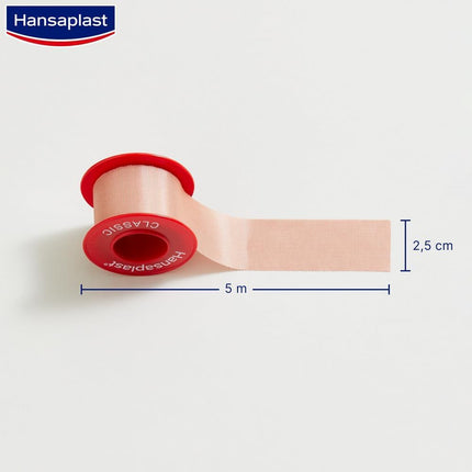 Hansaplast fiksācijas plāksteris Classic (5 m x 2,5 cm), lente brūču pārsēju vienkāršai un drošai fiksācijai, pašlīmējošs plāksteris rullis ar spēcīgu līmes spēku.
