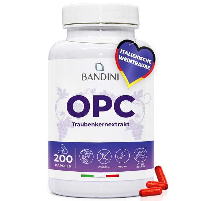 Bandini® vīnogu kauliņu ekstrakts 200 kapsulas 3 mēnešiem | Augsta OPC koncentrācija ar 95% katrā kapsulā | Augstākais saturs saskaņā ar HPLC | No Itālijas vīnogām | 1052 mg ekstrakta ar 999,4 mg OPC + 24 mg C vitamīna
