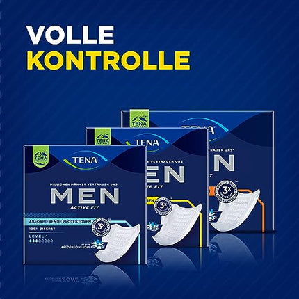 TENA MEN uzsūcošie ieliktņi, 2. līmenis — 60 ieliktņi mēneša iepakojumā (6 x 10), individuāli iesaiņoti — vīriešu higiēniskās paketes mērenai urīna zudumam un nesaturēšanai