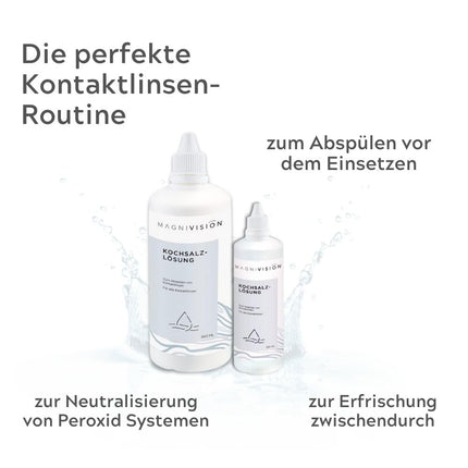 MAGNIVISION sāls šķīdums, 100 ml (ceļojuma izmērs). Sāls šķīdums kontaktlēcām, mīksto un cieto kontaktlēcu skalošanai, bez borāta, ražots Eiropā.