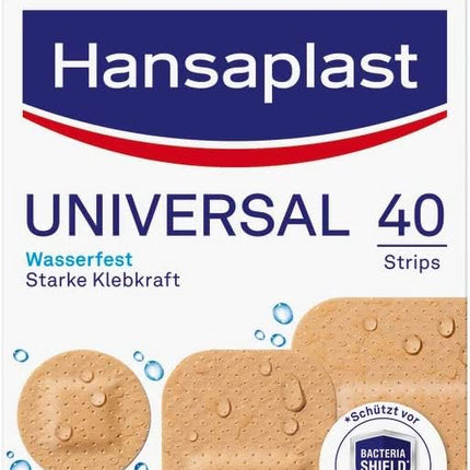 Hansaplast universālie plāksteri (40 strēmelītes), netīrumus un ūdeni atgrūdoši brūču plāksteri, plāksteru komplekts ar spēcīgu līmi un aizsardzību pret baktērijām