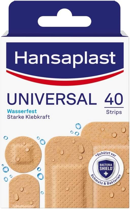 Hansaplast universālie plāksteri (40 strēmelītes), netīrumus un ūdeni atgrūdoši brūču plāksteri, plāksteru komplekts ar spēcīgu līmi un aizsardzību pret baktērijām