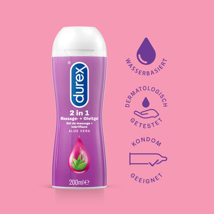 Durex Play 2-in-1 masāžas un lubrikants ar guarānu + Durex Play 2-in-1 masāžas un lubrikants ar alveju – lubrikants uz ūdens bāzes intīmām pieredzēm diviem – 2 x 200 ml dozatori