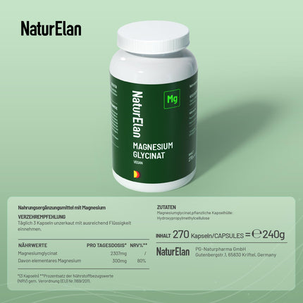 Magnija glicināta augstas devas kapsulas - 270 kapsulas, 300 mg magnija dienā, vegāns, ražots Vācijā