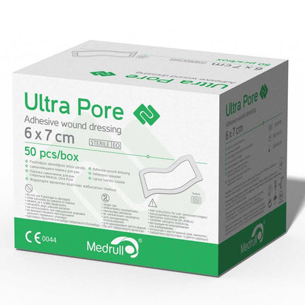 Medrull sterils brūču pārsējs 6x7 cm sterili brūču plāksteri ULTRA PORE spēcīga līmviela - aizsargā pret griezumiem un skrāpējumiem plāksteri individuāli iesaiņoti 50 gabali