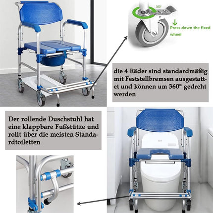 Tualetes krēsls ar riteņiem Dušas krēsls ar tualeti senioriem Mobilais tualetes ratiņkrēsls ar roku balstiem Muguras balsts un tualetes spainis līdz 150 kg Dušas krēsls ar riteņiem cilvēkiem ar invaliditāti