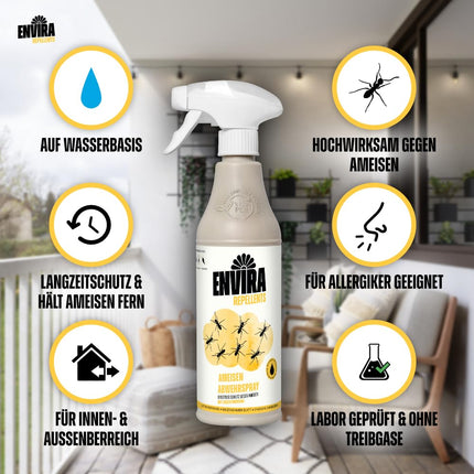 Envira skudru atbaidīšanas aerosols 500 ml - Ilgstošas ​​iedarbības aerosols pret skudrām, dārza skudrām un faraonskudrām - Aizsardzība pret skudrām jūsu mājām, balkonam, terasei un dārzam - Efektīvi atbaida skudras (PT19)